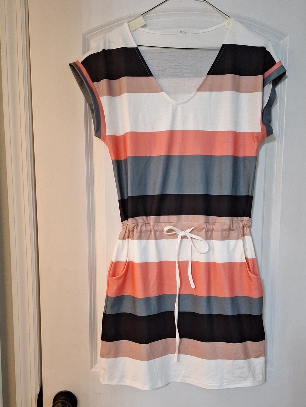 Striped V-Neck Drawstring Mini Dress in Coral, Gray & Black